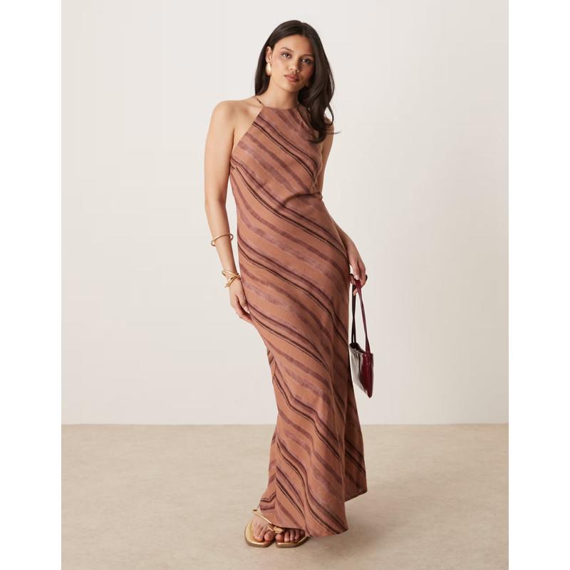 ASOS DESIGN 女士 中长连衣裙 racer 设计亚麻长款棕色条纹背心裙