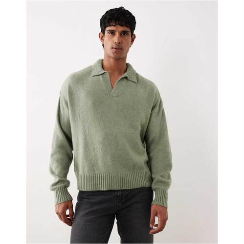 ASOS DESIGN 男士 POLO衫 超宽松款合身针织缺口领绿色灰色(sage)
