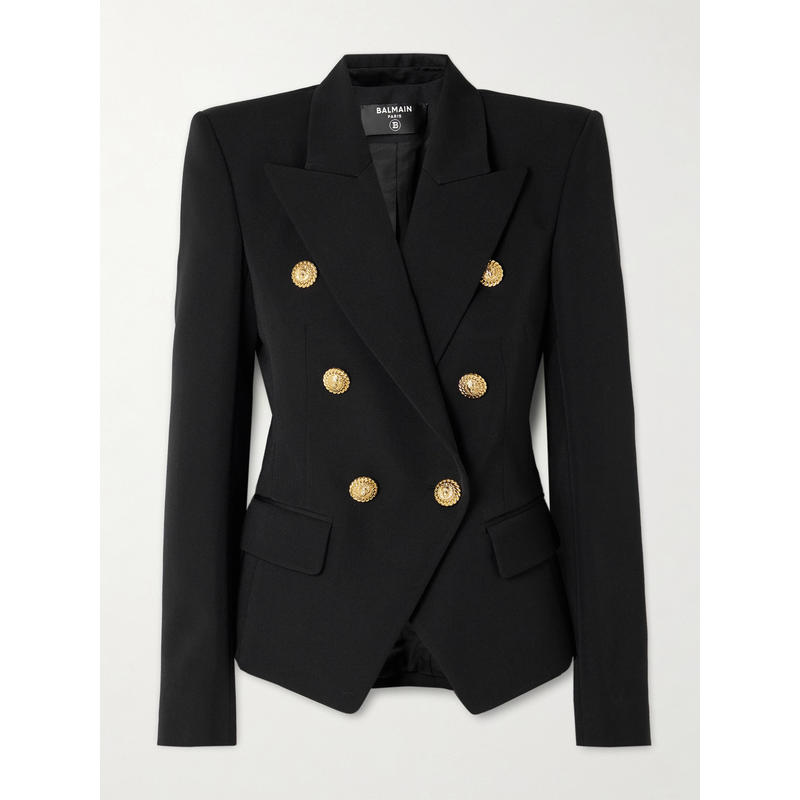 Balmain 女士 SS26 夹克 de poudre 双排扣粒纹羊毛西装外套