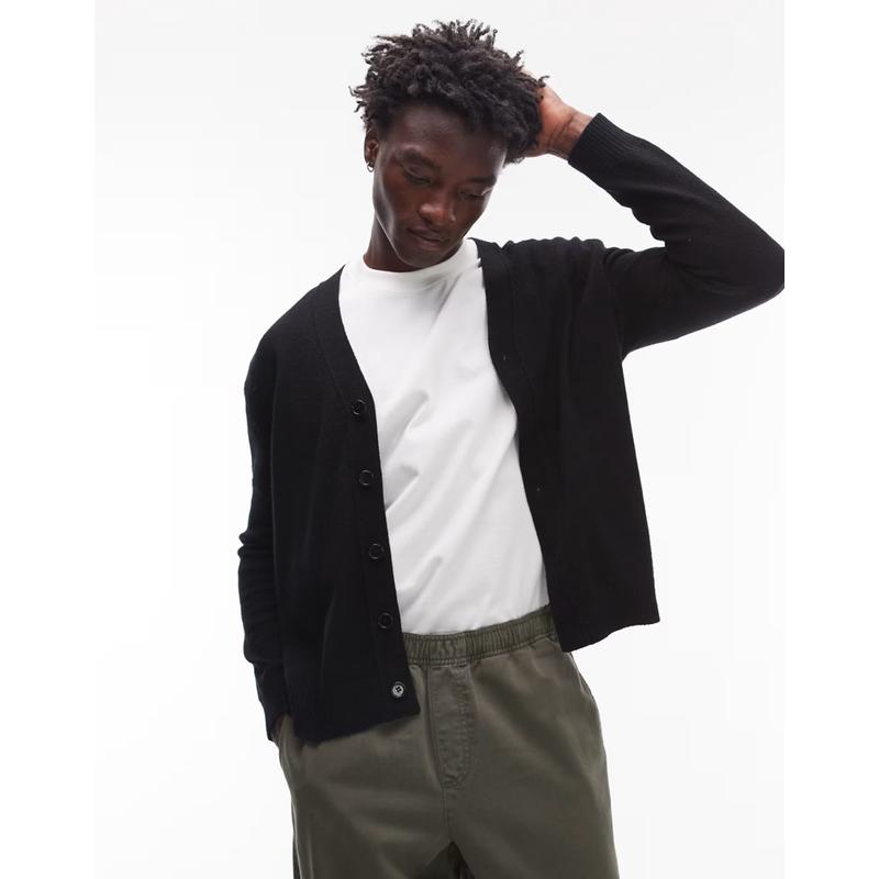 Arket 男士 开衫 织纹羊毛混纺针织开衫(黑色)