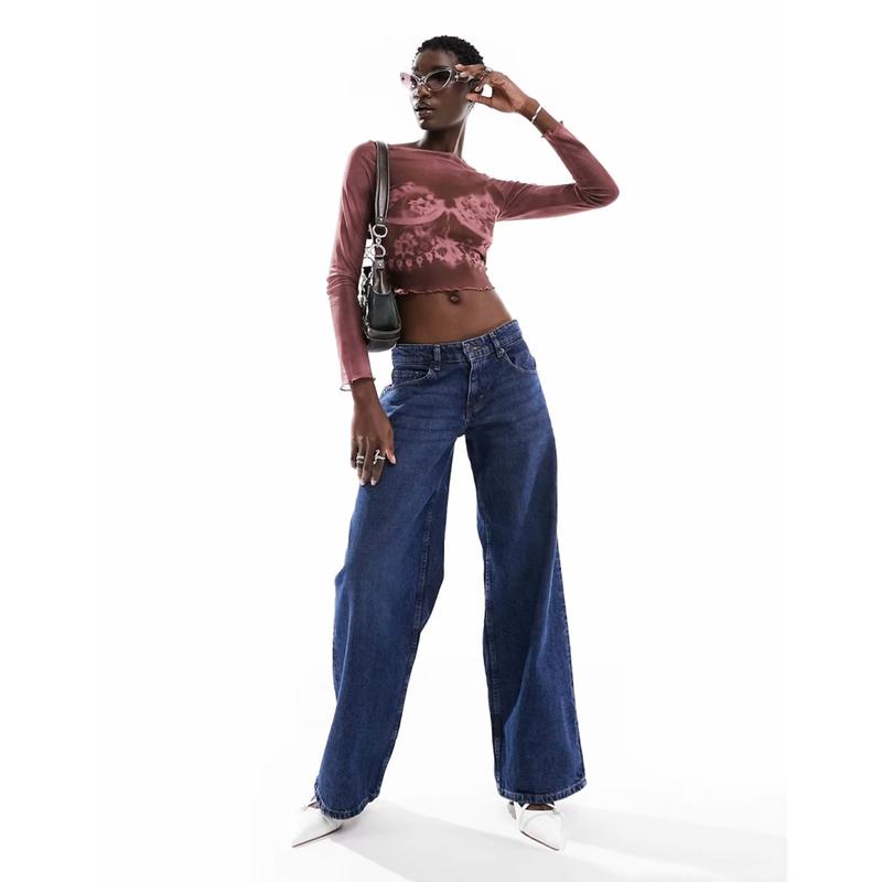 Motel 女士 牛仔长裤 used 超宽松低腰中长蓝色水洗牛仔裤