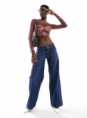 Motel 女士 牛仔长裤 used 超宽松低腰中长蓝色水洗牛仔裤