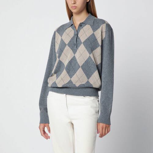 Róhe 女士 FW26 上衣 灰色浅褐色菱形图案羊毛混纺Polo衫