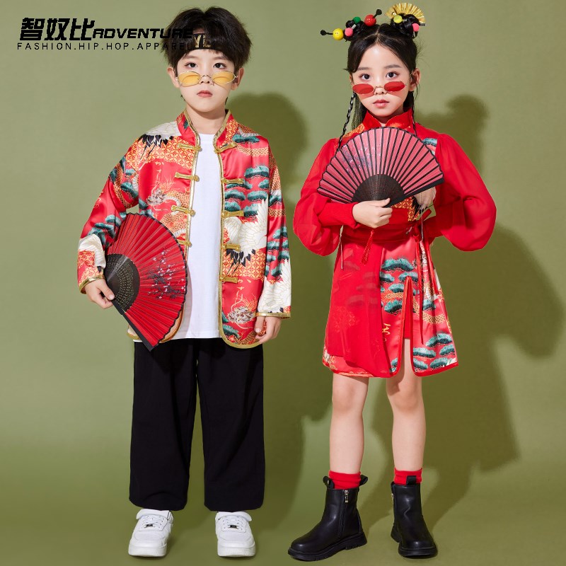 汉服男童龙年红色新款女童旗袍中国风儿童合唱演出服古装表演服装