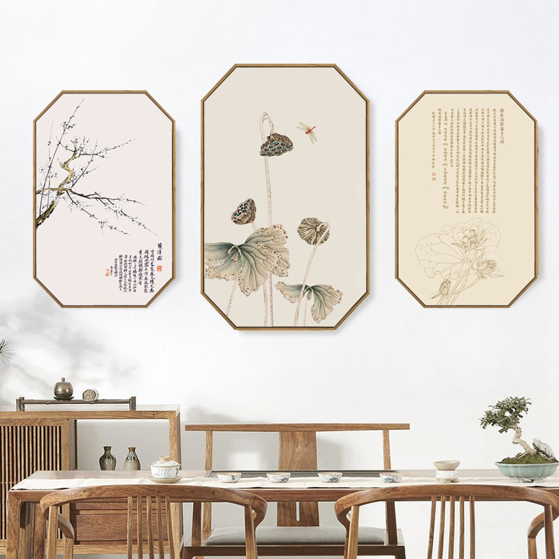 新中式茶室挂画禅意玄关装饰画荷花客厅沙发背景墙餐厅壁画八边形