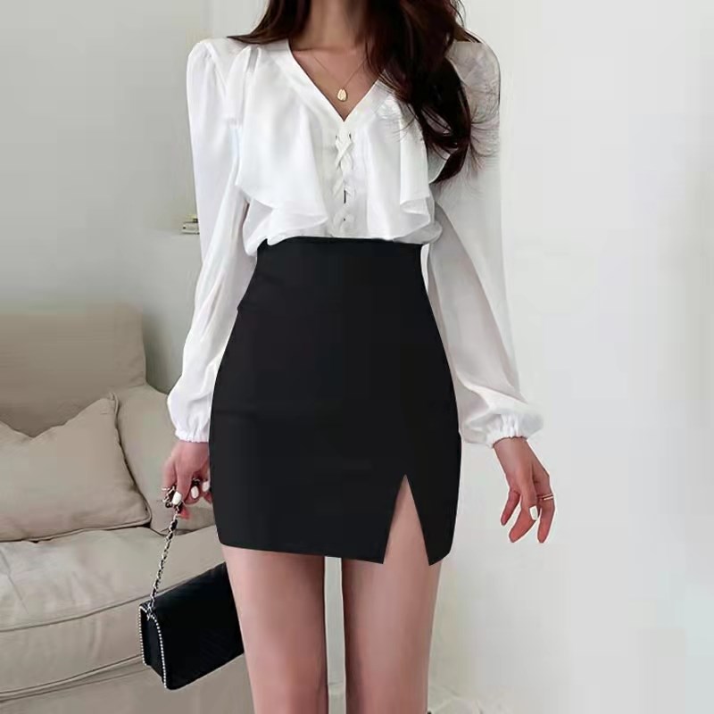 黑色包裙女夏2024新款半身裙高腰弹力ol职业紧身开叉包臀一步短裙