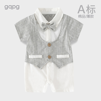 婴儿连体衣夏季薄款满月服百天一周岁礼服男宝宝衣服红色绅士西装