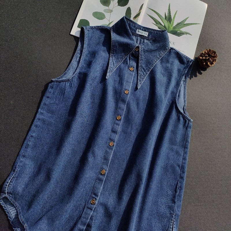 大领!复古做旧柔软厚实牛仔打底无袖衬衣马甲衬衫女叠穿背心内搭