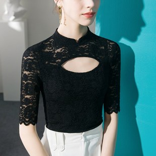 新中式蕾丝T恤女五分袖修身镂空性感2025春季中袖女装淑女上衣