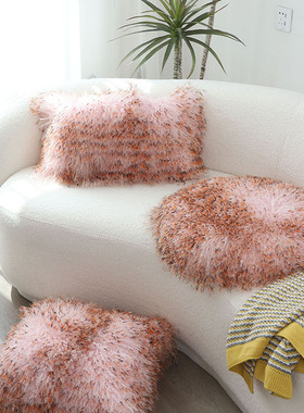 滩羊毛抱枕沙发圆形皮草靠垫客厅飘窗靠枕床头腰靠方形轻奢靠背