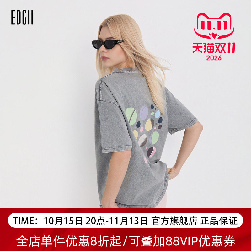 EDGII 2026SS新品水洗彩色网球印花T复古宽松休闲风圆领短袖T恤女