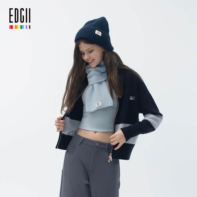 EDGII 双拉链设计感拼色羊毛开衫毛衣休闲针织衫外套软糯短款经典