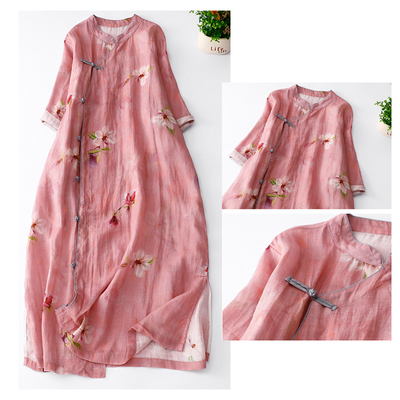 宽松连衣裙孕妇可穿复古国t风温婉改良汉服连身裙文艺苎麻印花旗