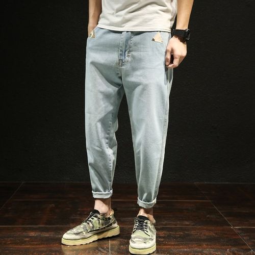 九分牛仔裤男加肥加大码宽松哈伦小脚春秋冬款胖子收脚潮牌男裤潮