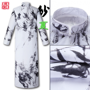 长衫 中式 旗袍男民族风仙气演出服 薄款 复古长袍印花雪纺纱面料夏季