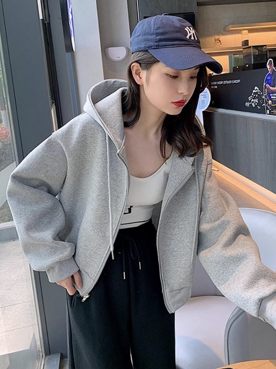 灰色卫衣开衫女2024春秋新款宽松休闲连帽棒球服短款美式运动外套