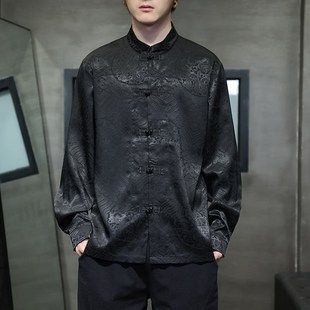 古风国潮唐装 新中式 衬衫 暗花龙纹冰丝长袖 中山外套 衬衣中国风男装