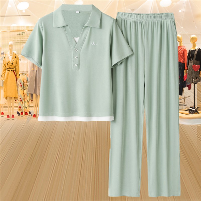 妈妈夏套装运动休闲新款40岁50中年短袖女夏装洋气两件套夏天上衣