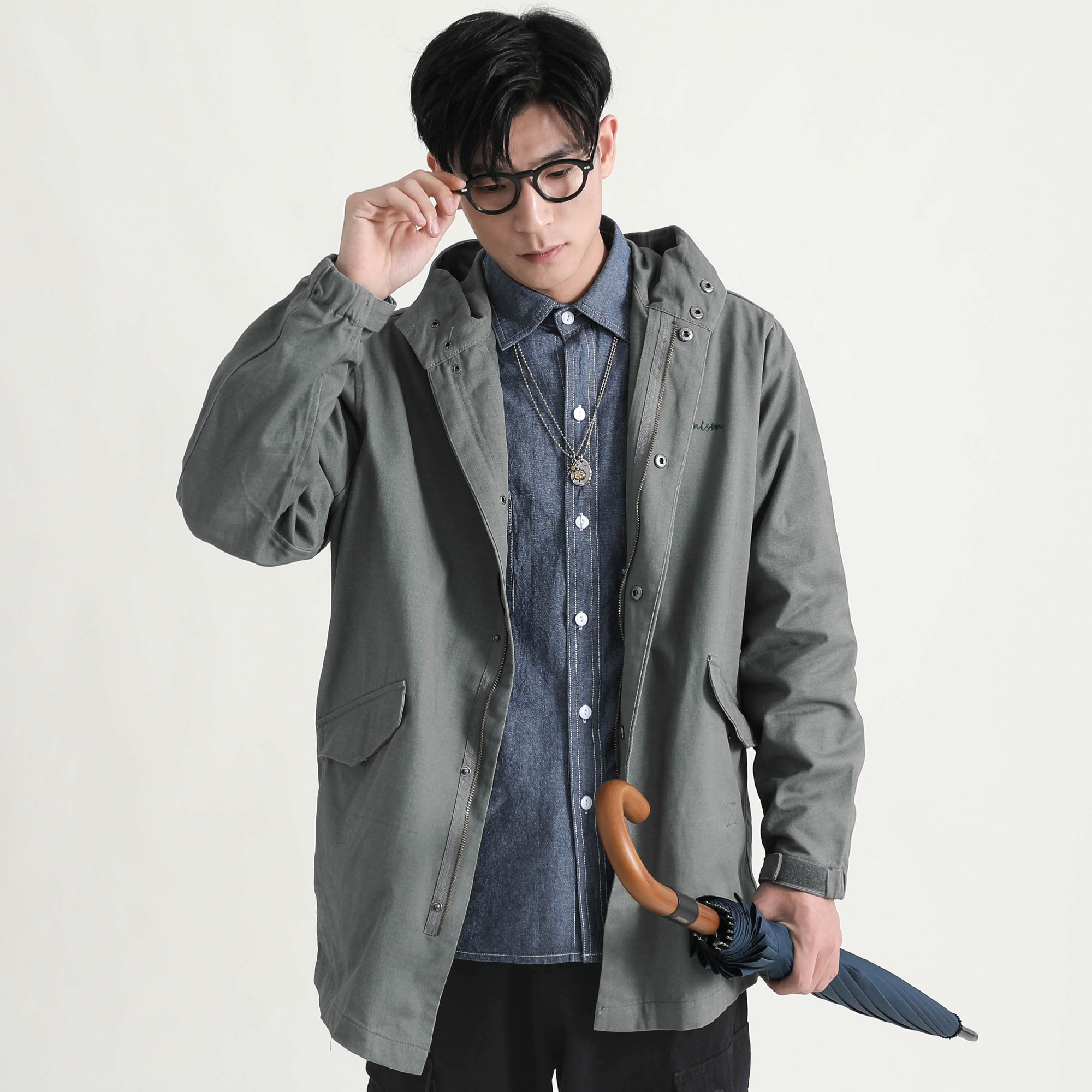 写意自制秋季新款日系中长款连帽风衣男青年休闲口袋工装防风外套