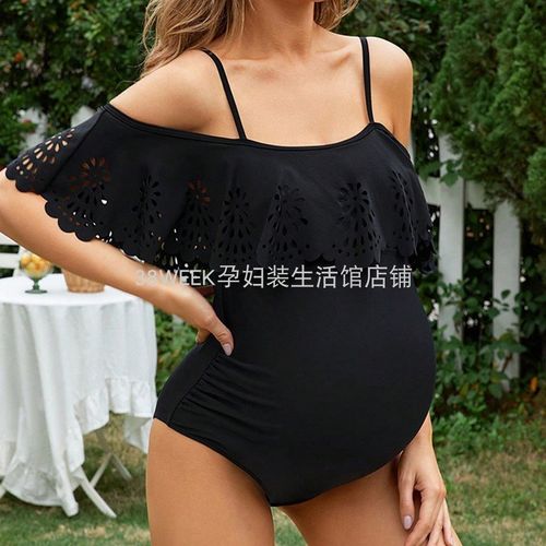 孕妇游泳衣一字肩斗篷连体泳装2024新款荷叶边宽松遮肚托腹泳衣女