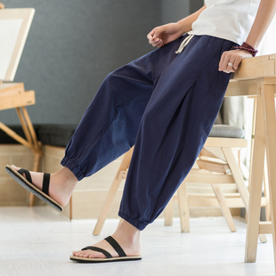 薄款 夏季 亚麻短裤 宽松棉麻休闲男裤 子 七分裤 束脚哈伦八九分裤 男款