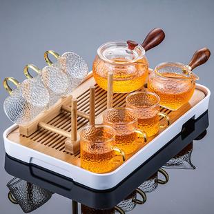 家用客厅侧把泡茶壶轻奢高端档功夫茶杯小套喝茶 锤纹玻璃茶具套装