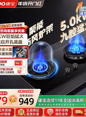 康宝2QB529燃气灶5.0KW大火力台嵌两用防爆钢化玻璃面板节能省气