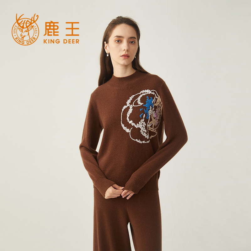长袖羊绒衫鹿王山羊绒圆领通勤