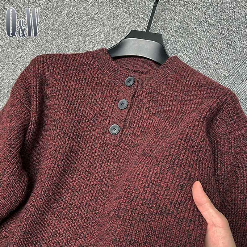 美式复古门筒领毛衣男秋冬季加厚套头针J织衫男装宽松线衣服休闲