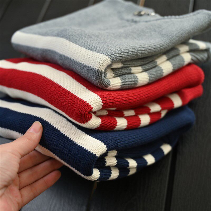 全棉棉线毛衣 儿童半高拉链v针织衫 男女童条纹上衣 中大童 秋童