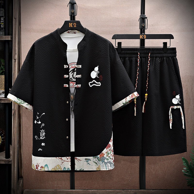 中国风短袖套装男士夏季薄款衬z衫短裤两件套宽松休闲国潮汉服唐