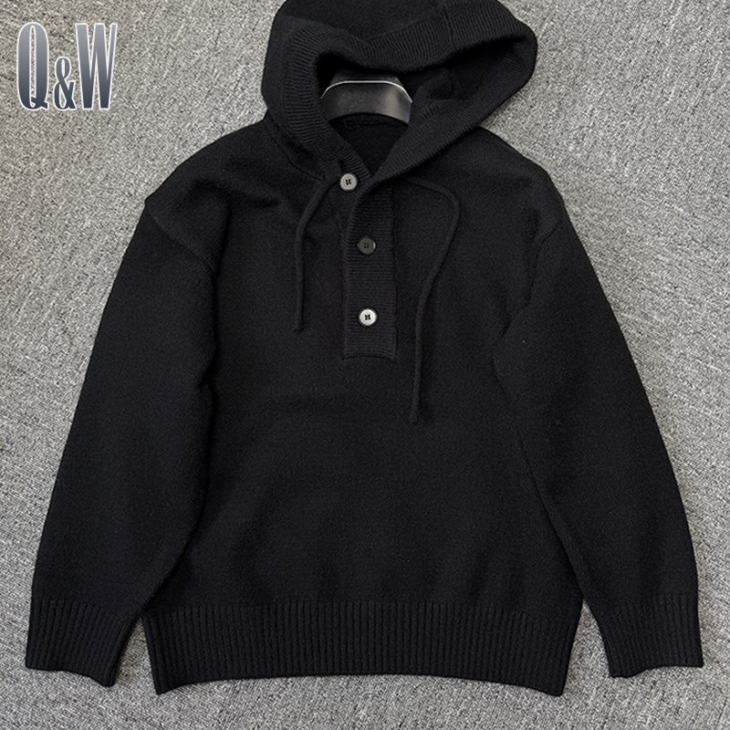 连帽毛衣男秋冬加厚宽松慵懒w风套头卫衣男装针织衫设计感毛线衣