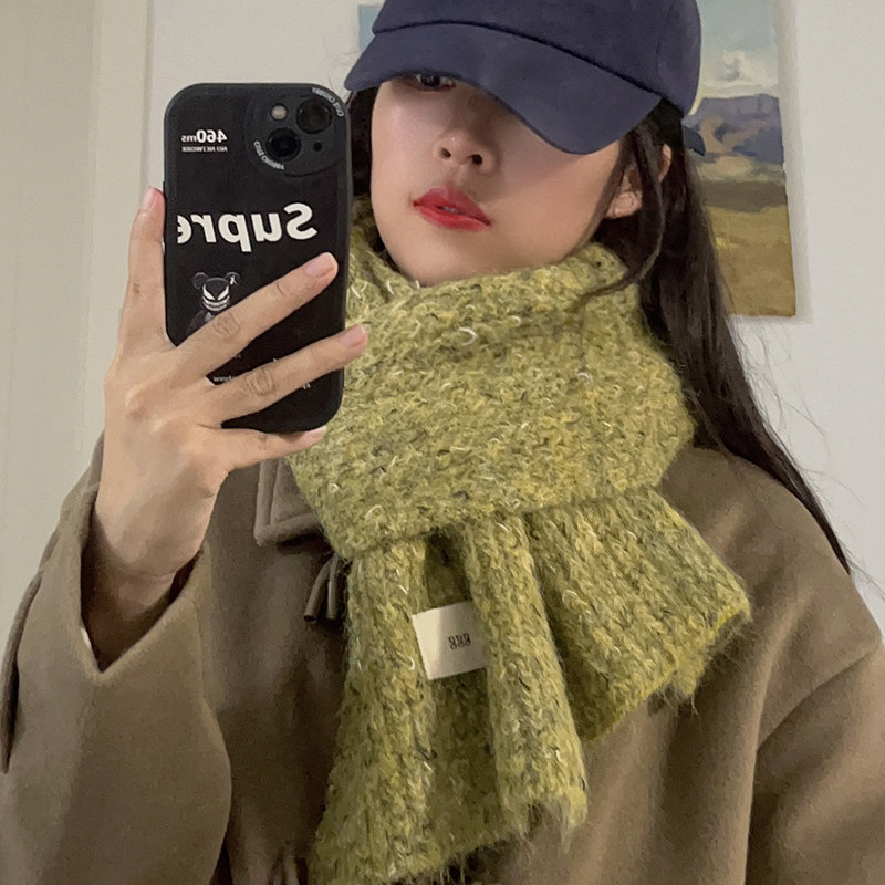 2023冬季新款女士混色毛线针织围巾H手感软糯学生围脖保暖韩系潮