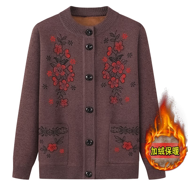 奶奶秋装开衫毛衣中老年女装加绒保暖外套L妈妈套装衣服老年针织