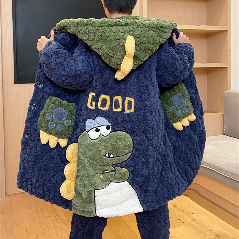 儿童睡衣男童珊瑚绒秋冬款三层夹棉2024新款睡袍加绒加厚款家居服