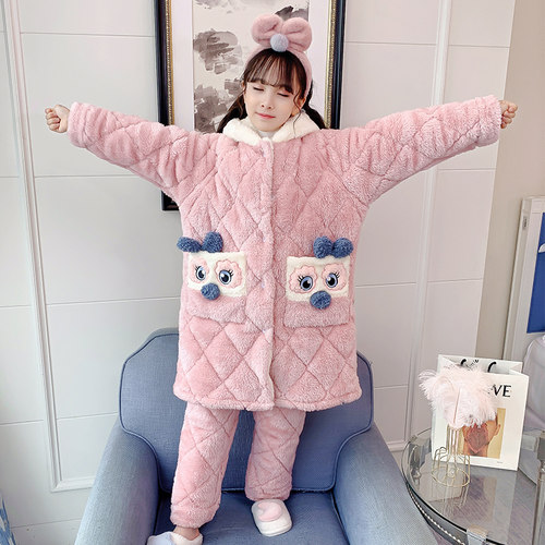 儿童睡衣秋冬季加厚款三层夹棉女童孩珊瑚绒法兰绒花结保暖家居服