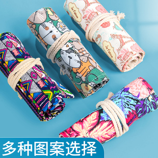 笔帘卷笔袋72孔帆布彩铅笔袋36孔画笔收纳包48孔大容量素描笔袋24
