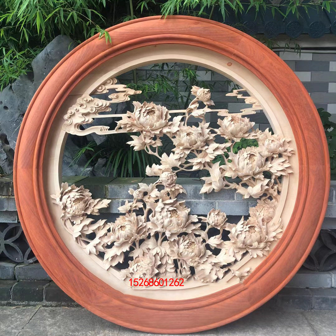 东阳木雕雕刻圆盘挂件荷花鱼鸟镂空实木送礼壁挂定做定制木制