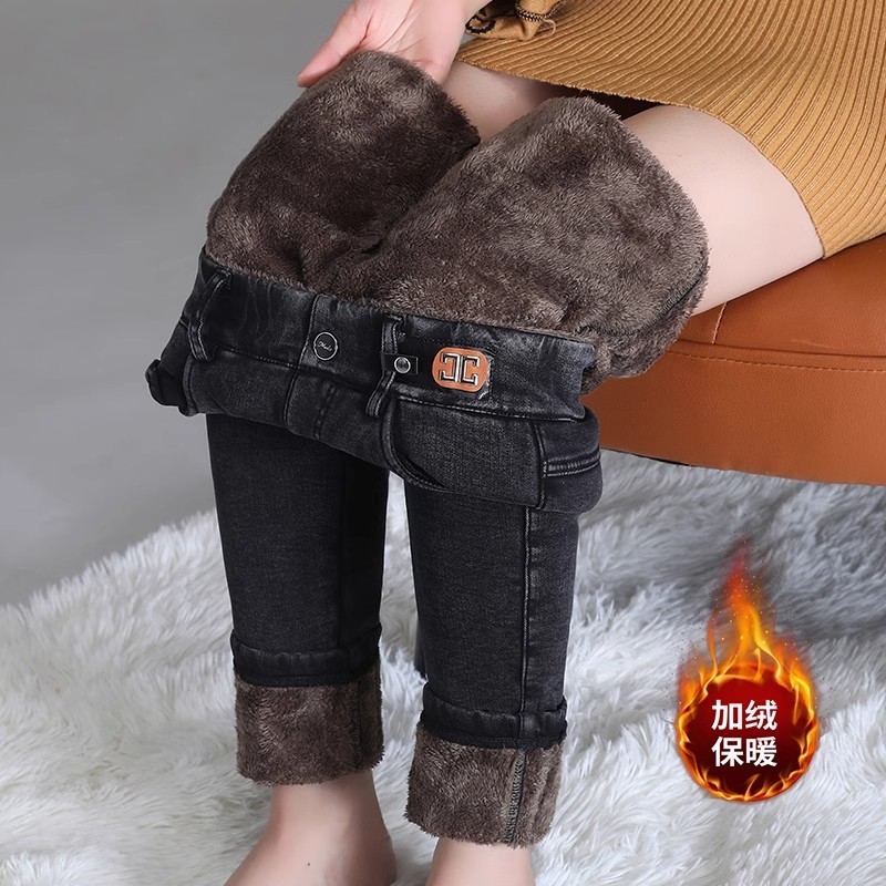 【清仓特价】羊羔绒加绒牛仔裤女冬季外穿加长小脚特厚大码棉裤子