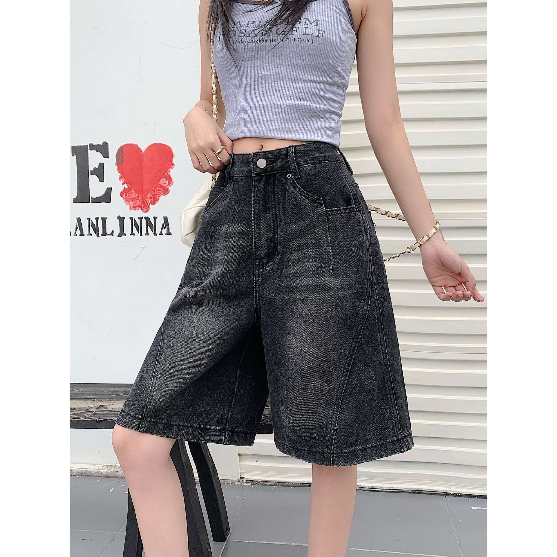 2025夏季新款韩版女式黑色解构五分牛仔短裤女夏