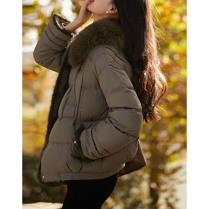 高端狐狸毛领水貂饰边95白鹅绒 短款面包羽绒服女装鹅绒服外套
