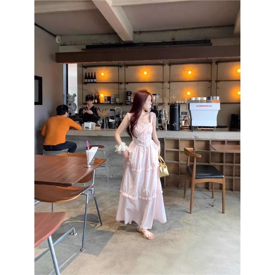 实拍~雾粉郁金香粉色吊带连衣裙女夏新款波点仙女气质裙子女装