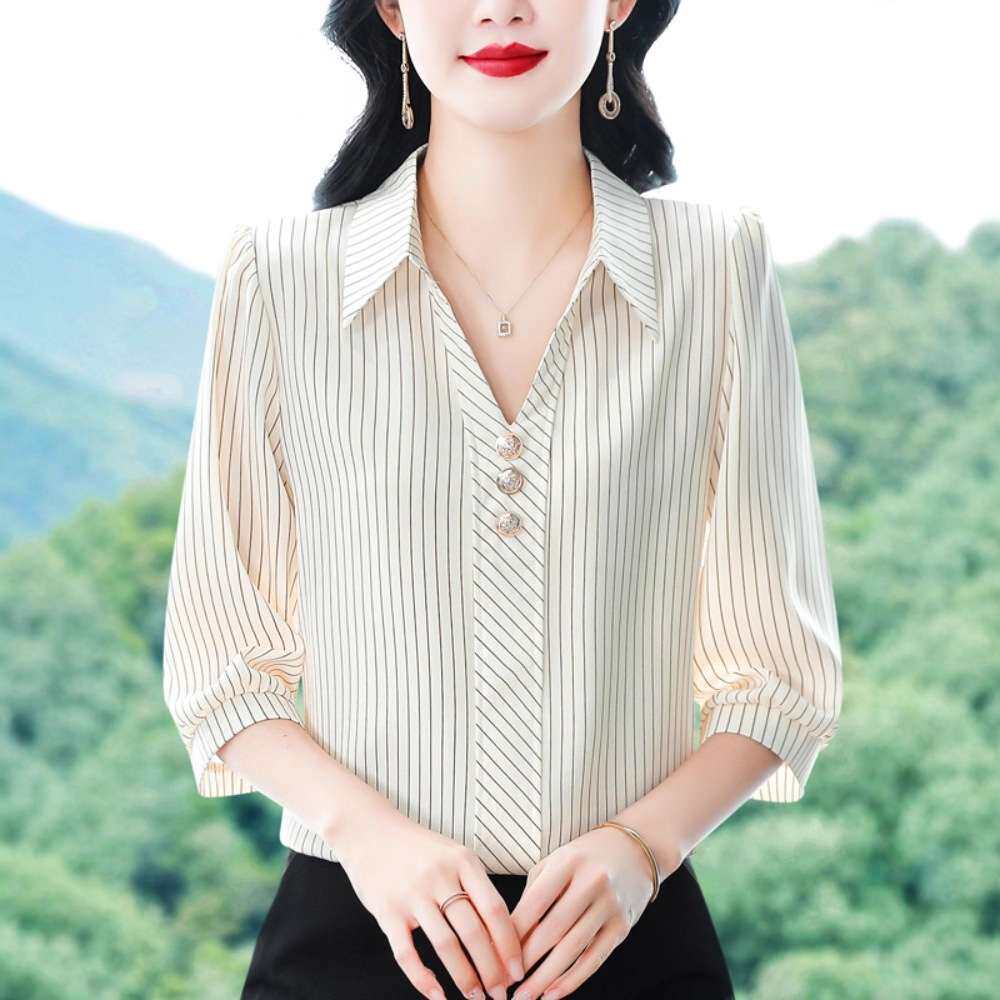 中年妈妈夏装翻领竖条纹七分袖衬衫女士夏天中袖衬衣减龄雪纺上衣