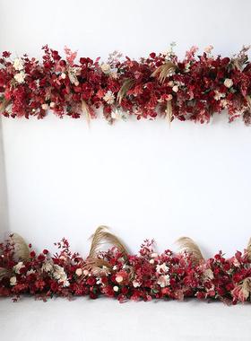 婚礼红色花艺组合舞台背景板套装布置芦苇插花引路花排花惟妙园