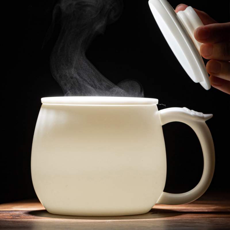 高档羊脂玉瓷茶杯办公杯带盖把手陶瓷过滤马克杯大人个杯情侣对杯