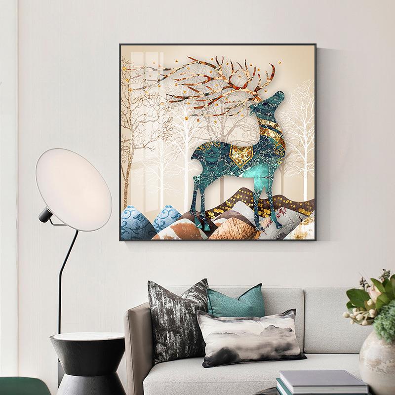 玄关装饰画轻奢正方形餐厅挂画饭厅墙壁画客厅大气晶瓷贴钻画麋鹿图片