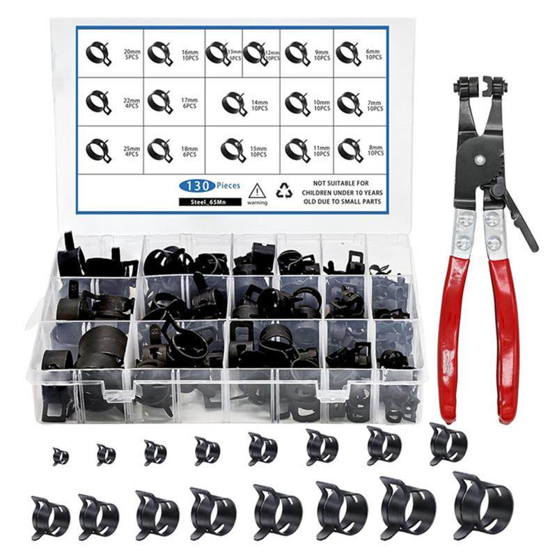130pcs黑色达克罗日式卡箍配工具弹簧带软管夹带旋转