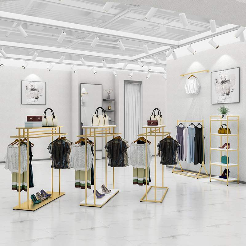 金色男女服装店中岛展示架双排服装架挂衣服架落地式童装陈列货架