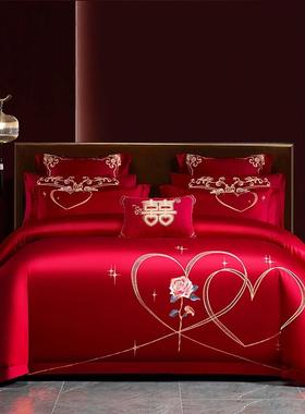 高端中式全棉婚庆刺绣四件套刺绣大红色被套时尚结婚陪嫁床上用品