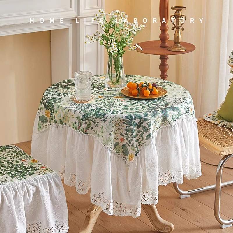 田园碎花圆桌布台布茶几边几布蕾丝花边餐桌布抽褶任意尺寸